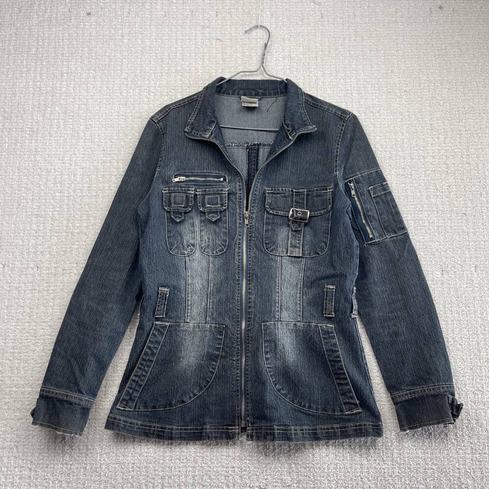 Y2K 725 Originals Dark Blue Denim Moto Cafe Racer Jacket Military Wom Sz S 2000s